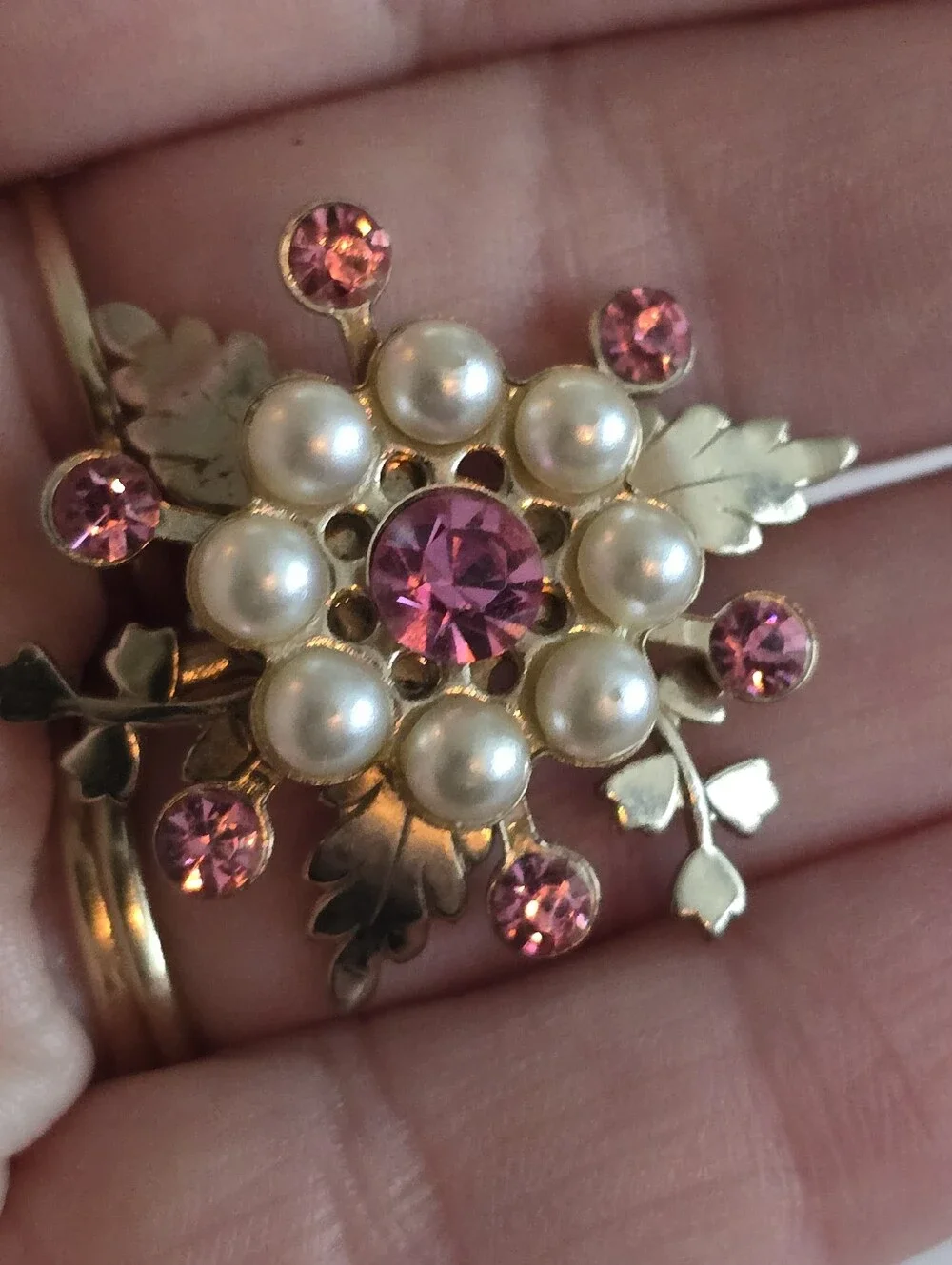 Vintage brooch pink rhinestones white faux pin leaf leaves